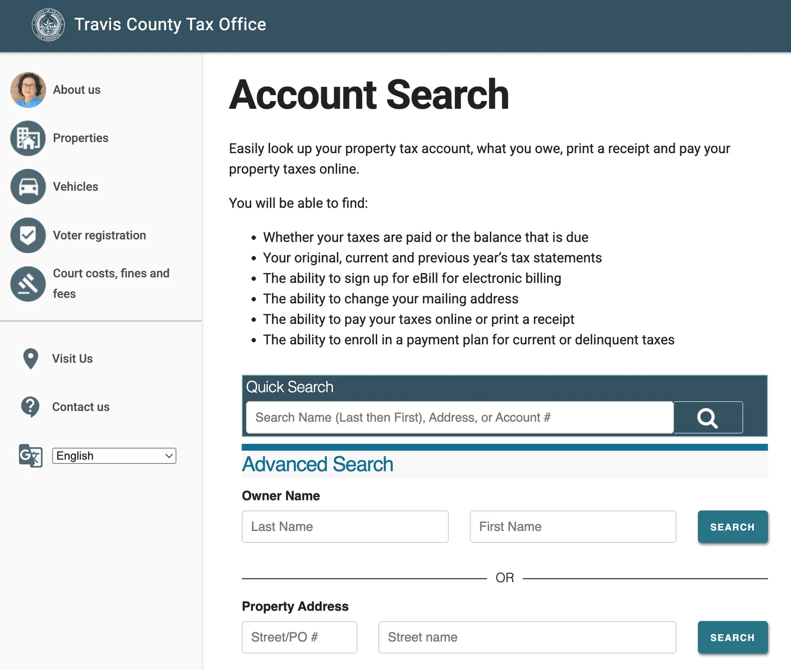 Example of public data available. Travis County property tax search.